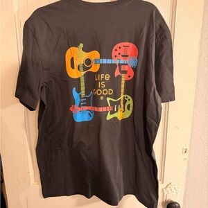 NWT Life Is Good Men’s Dark Gray Tee with Colorful Guitar Print